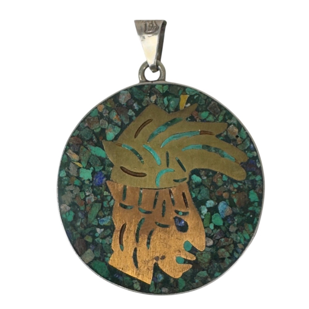 Vintage Jewelry Mexico 925 Mexican Mayan Aztec Tribal Inlay Pendant